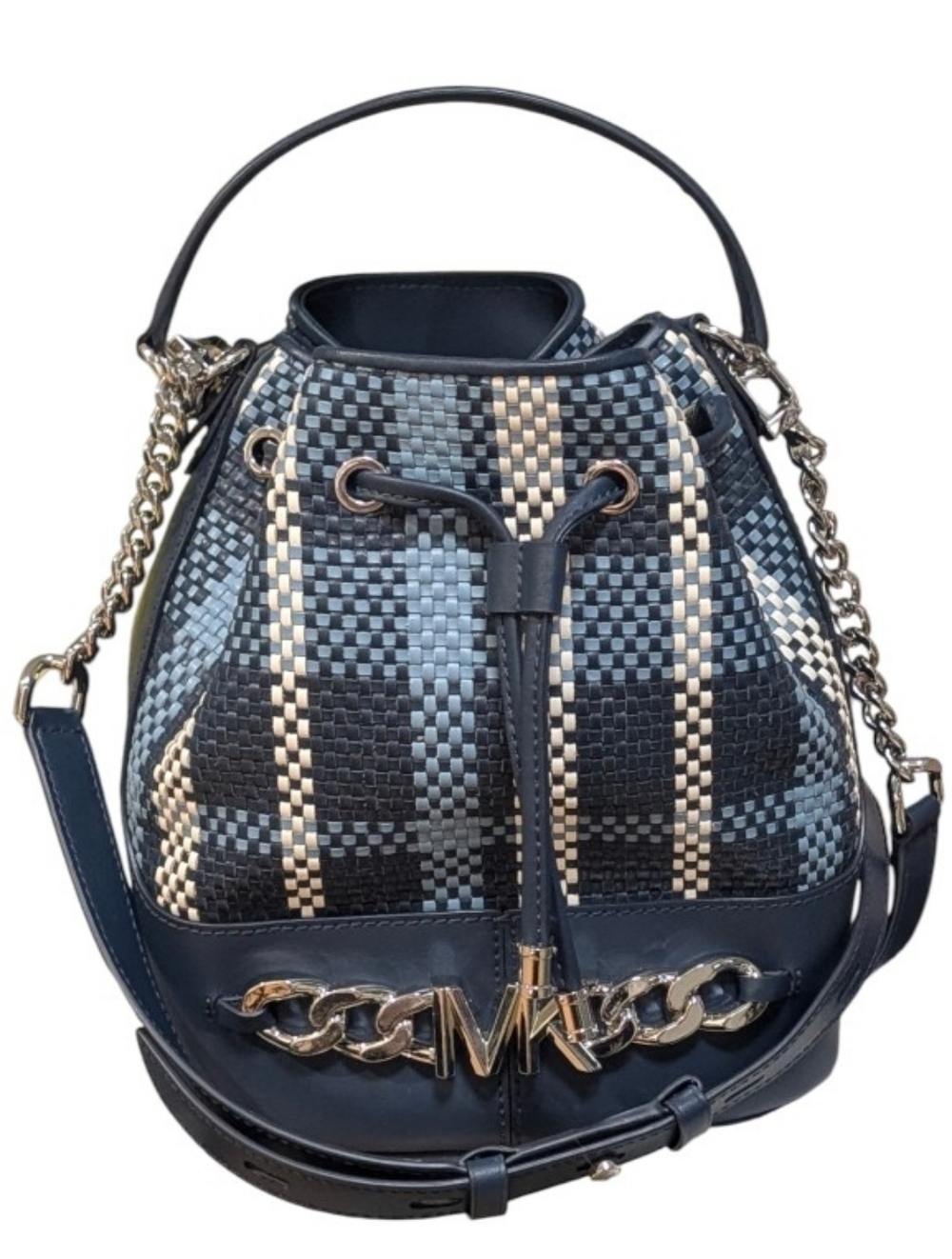 NWT Michael Kors Blue & White checkered crossbody bucket med bag purse
